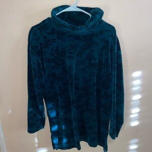 American vintage green turtleneck velvet sweater black floral roses long sleeve